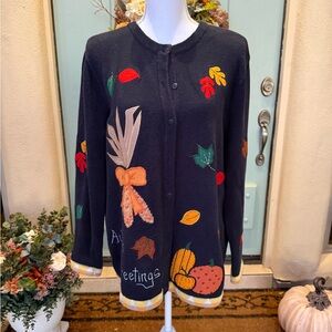 Vintage Quacker Factory Navy Cardigan with Autumn Motifs